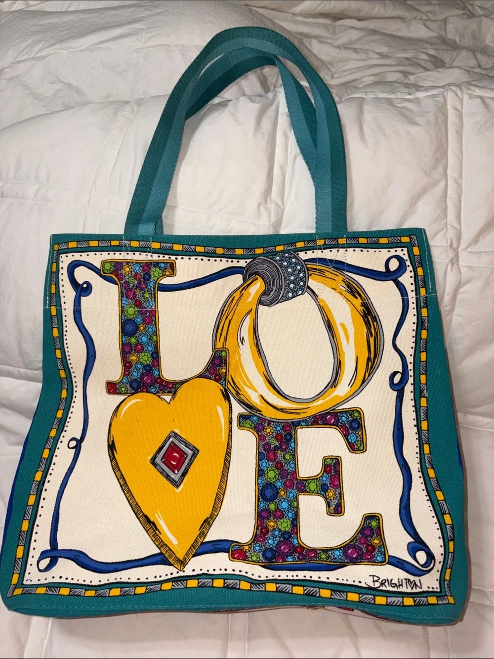 Nwot Brighton Limited Edition Charmed Love Canvas Tote Bag Whimsical Folk Art